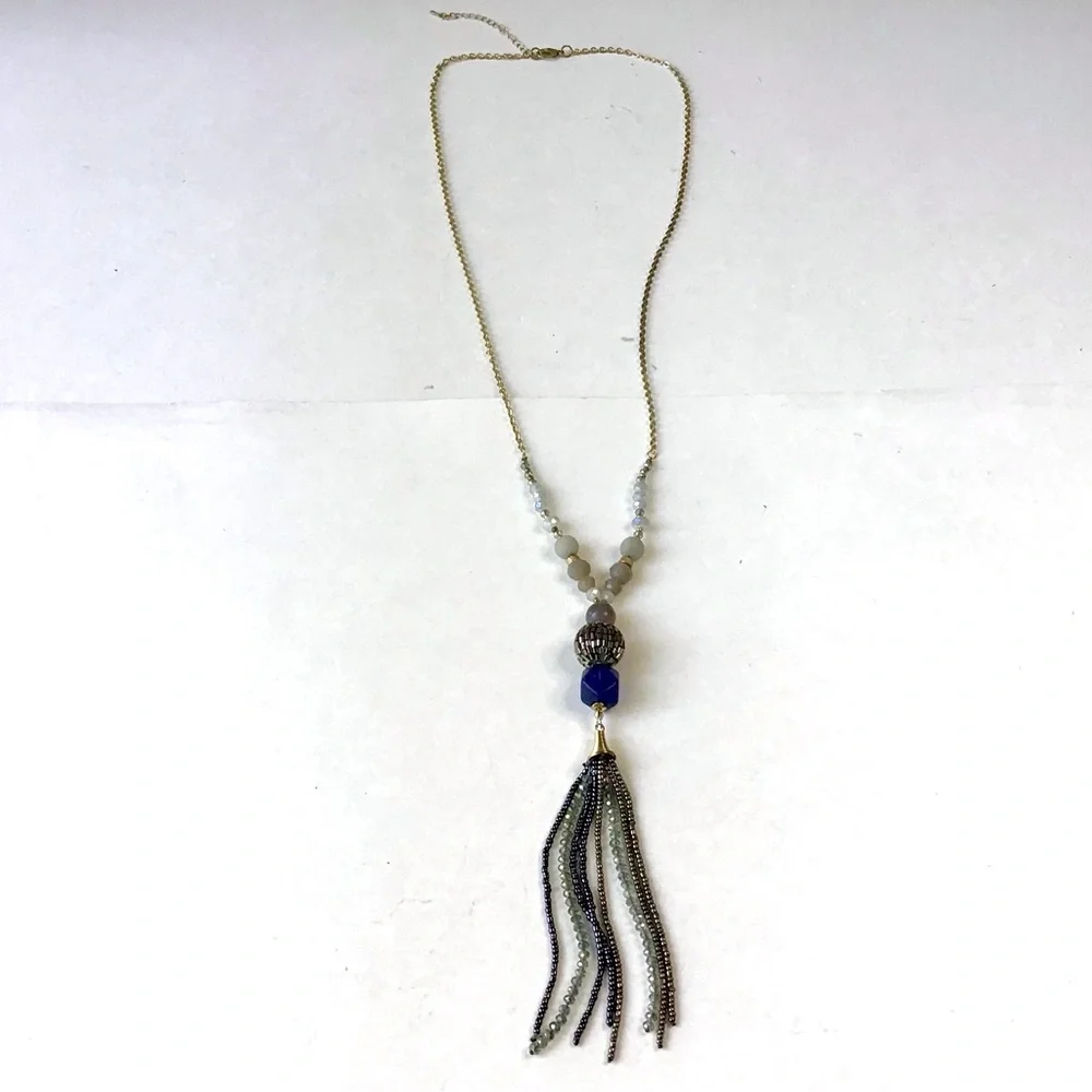 Beaded Tassel Necklace Blue & Gray Mixed Beads Gold Tone Long 32” Chain W/Clasp